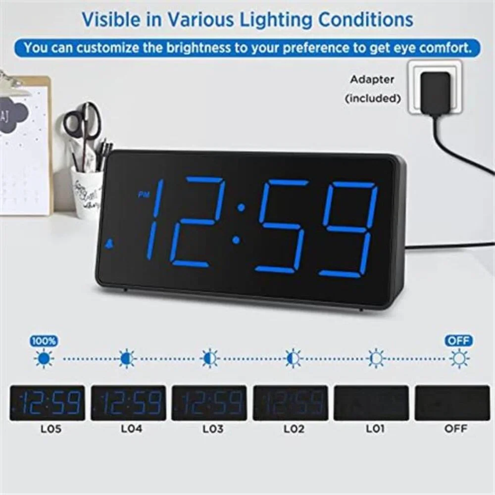 Digital Alarm Clock Large LED Numbers Loud Alarm USB Charger Bedside Clock Blue